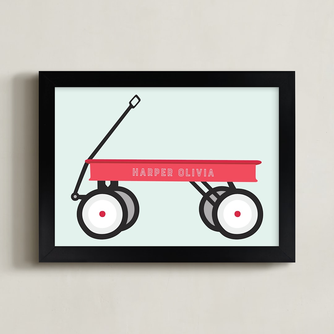 "Little Red Wagon" - Personalized Art Print in Mint by Alexandra Cohn - Framed