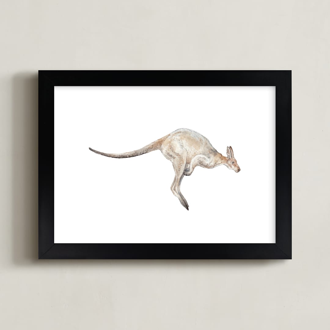 "Watercolor Leaping Kangaroo" - Art Print in Kangaroo Grey by Lauren Rogoff - Framed