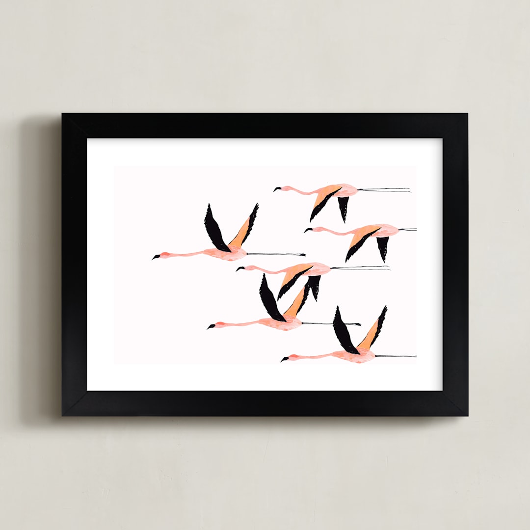 "Flyymingos" - Art Print in Blush by Anee Shah - Framed