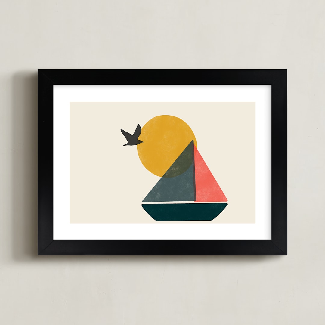 "Graphic Sailboat" - Art Print in Sea Blue by Daily Design Co - Framed