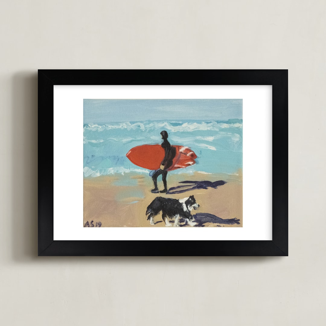 "Dog Beach Carmel; Surfer with Dog" - Art Print in Pacific Blue by Annie Seaton - Framed