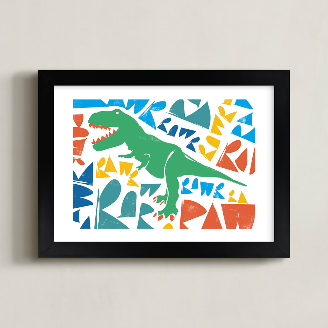 "TRex RAWR!" - Art Print in Aqua by Eleanor Mayrhofer - Framed