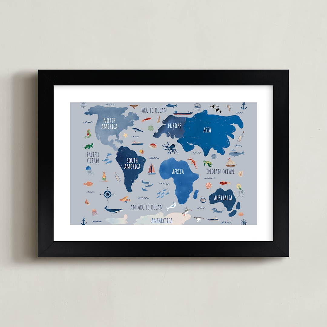 "Nautical Map" - Art Print in Soft Blue by Carrie Cantwell - Framed
