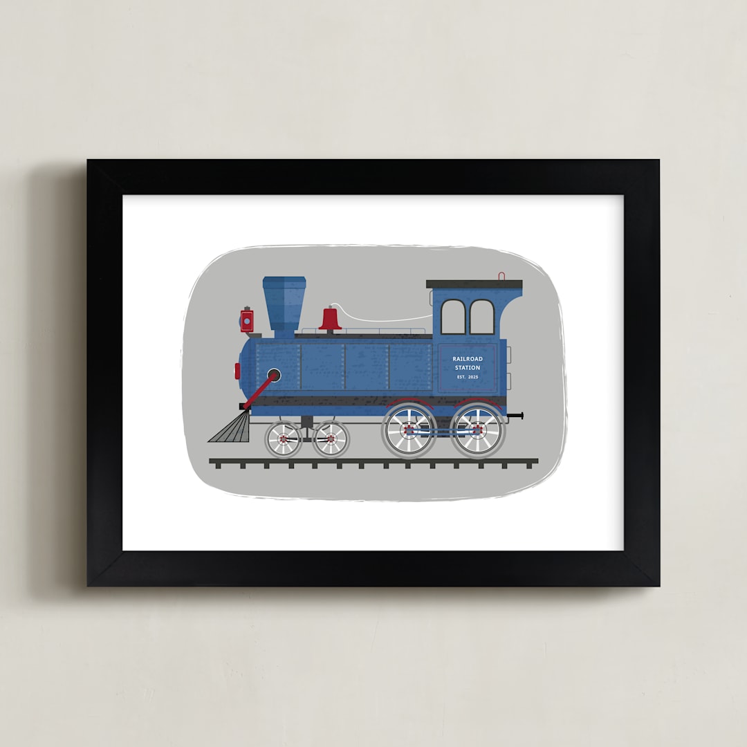 "Vintage Train Engine" - Art Print in Blue Valley by Rebecca Marchese - Framed