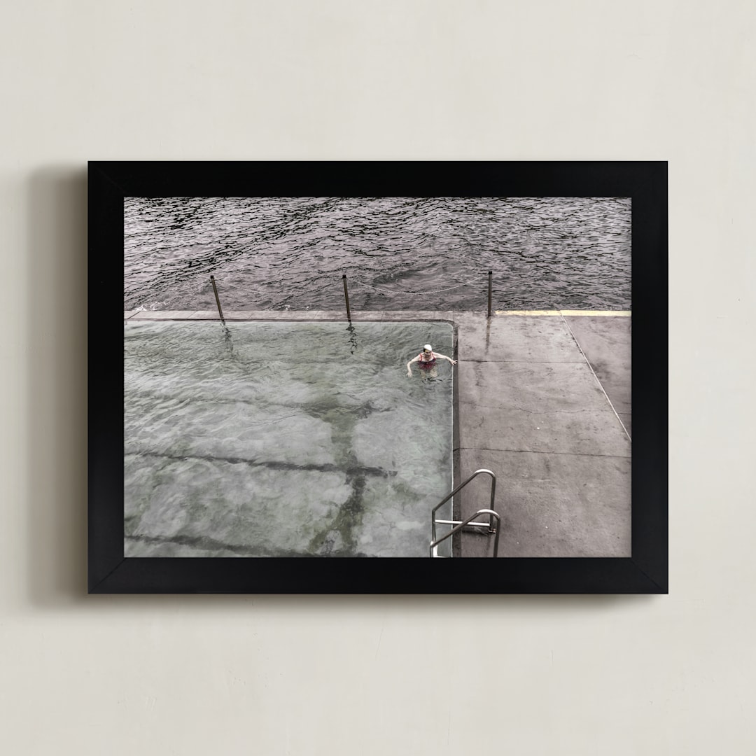 "lady in the POOL" - Art Print in ocean blue by Gail Schechter - Framed