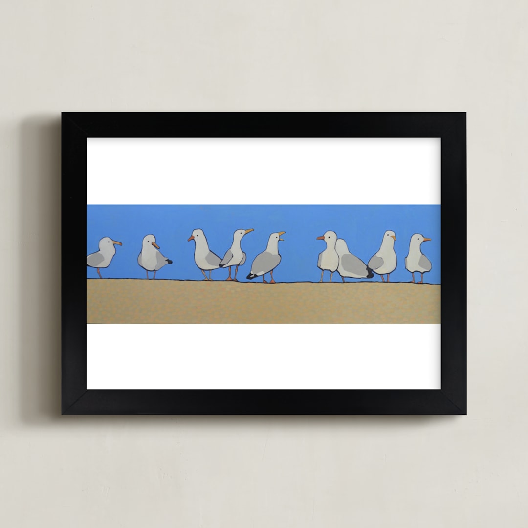 "Gossiping Gulls" - Art Print in Ocean Blue by Rachel Nelson - Framed