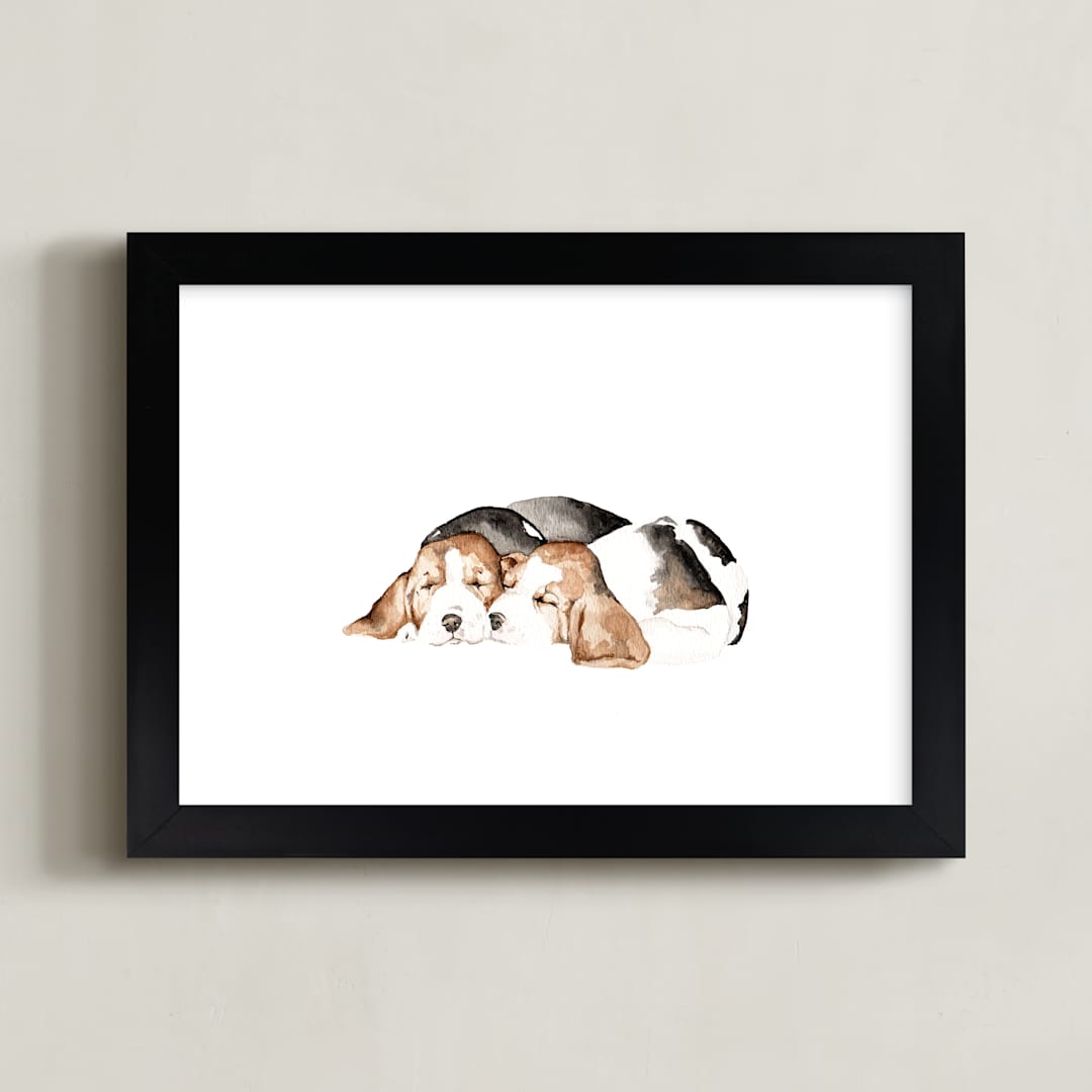 "Sleepy Watercolor Puppies" - Art Print in Puppy Brown by Lauren Rogoff - Framed