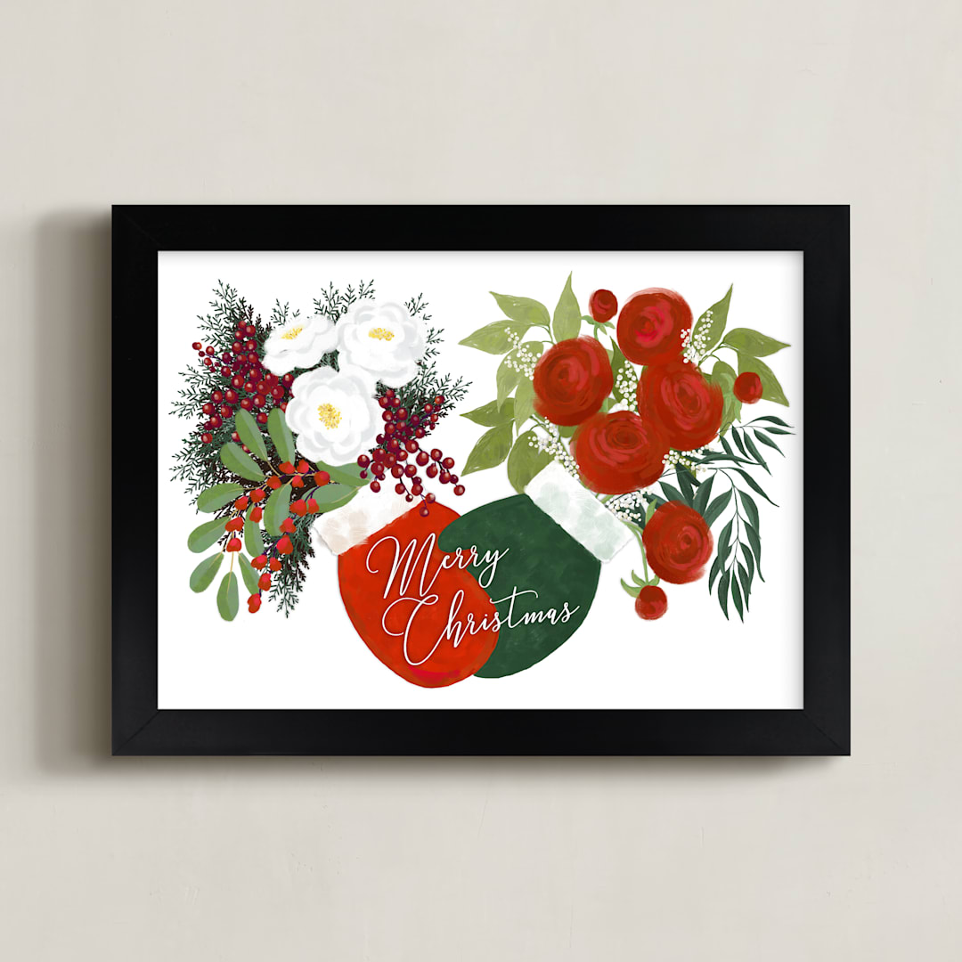 "Christmas floral mittens" - Art Print in Snow by Rosana Laiz Blursbyai - Framed