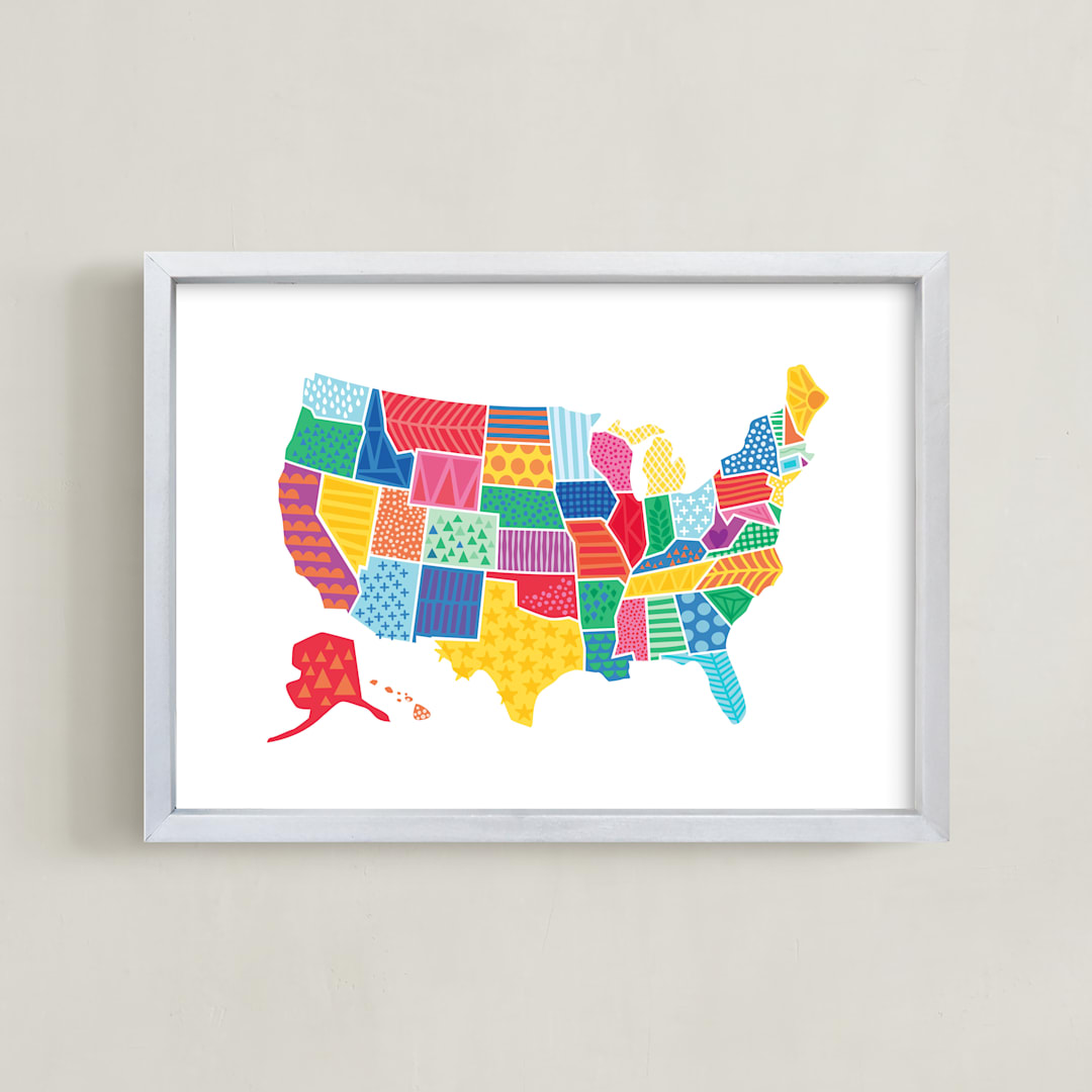 "Super States of America Map" - Art Print in Rainbow by Jessie Steury - Framed