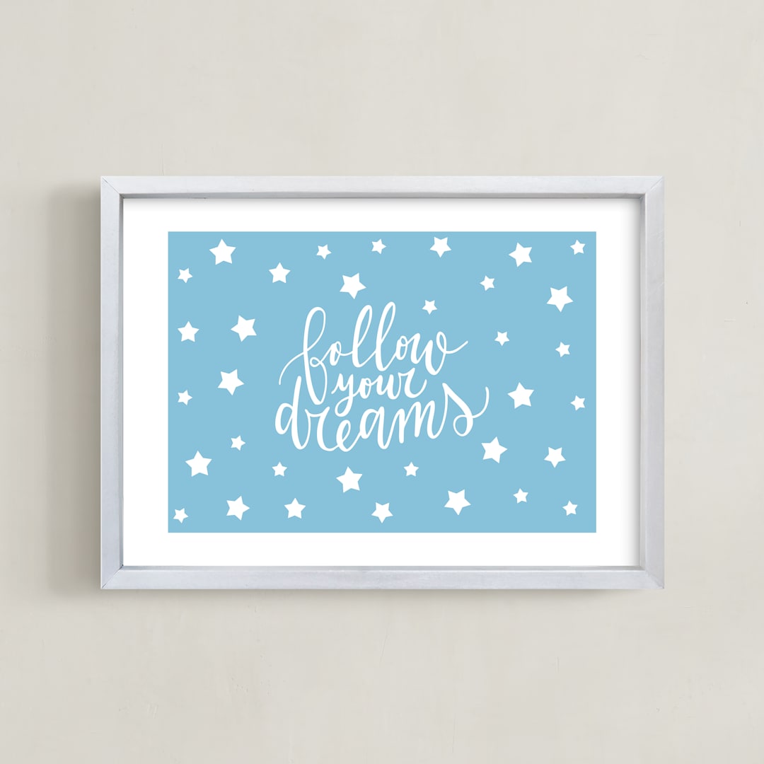 "Follow your Dreams Lettering" - Art Print in Blue by Luz Alliati - Framed