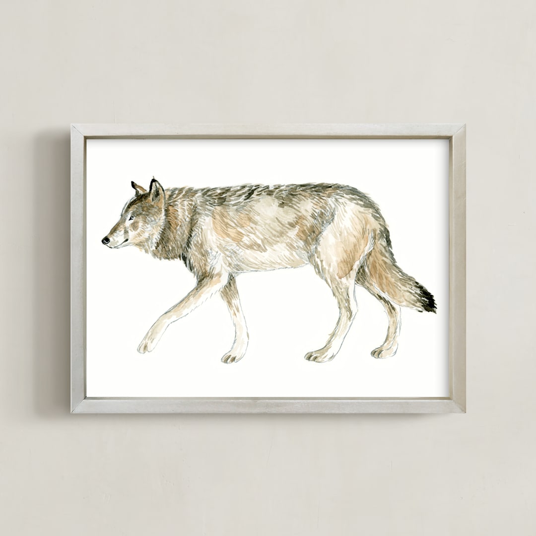 "Wolf Watercolour Study" - Art Print in Olive Taupe by Eve Schultz - Framed