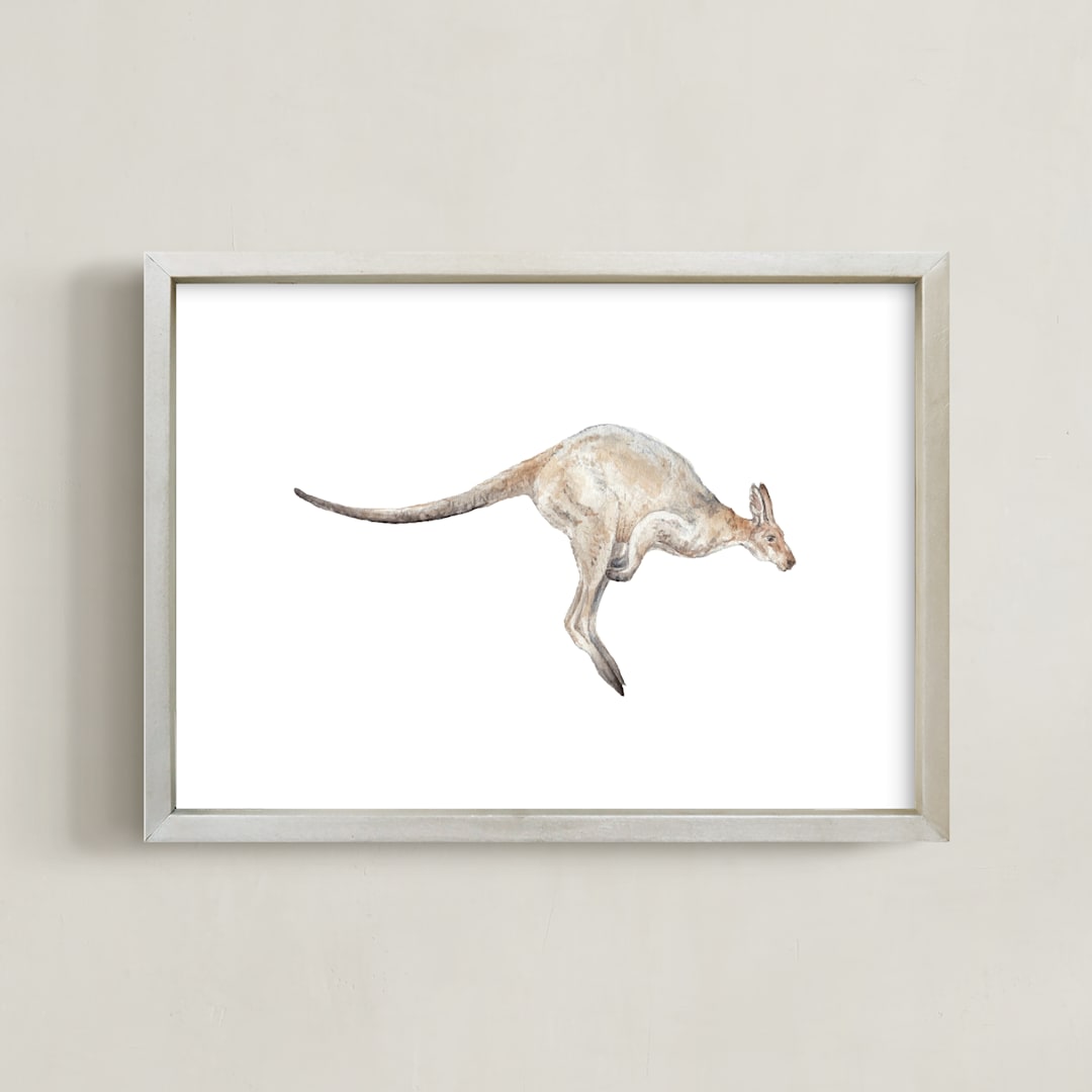 "Watercolor Leaping Kangaroo" - Art Print in Kangaroo Grey by Lauren Rogoff - Framed