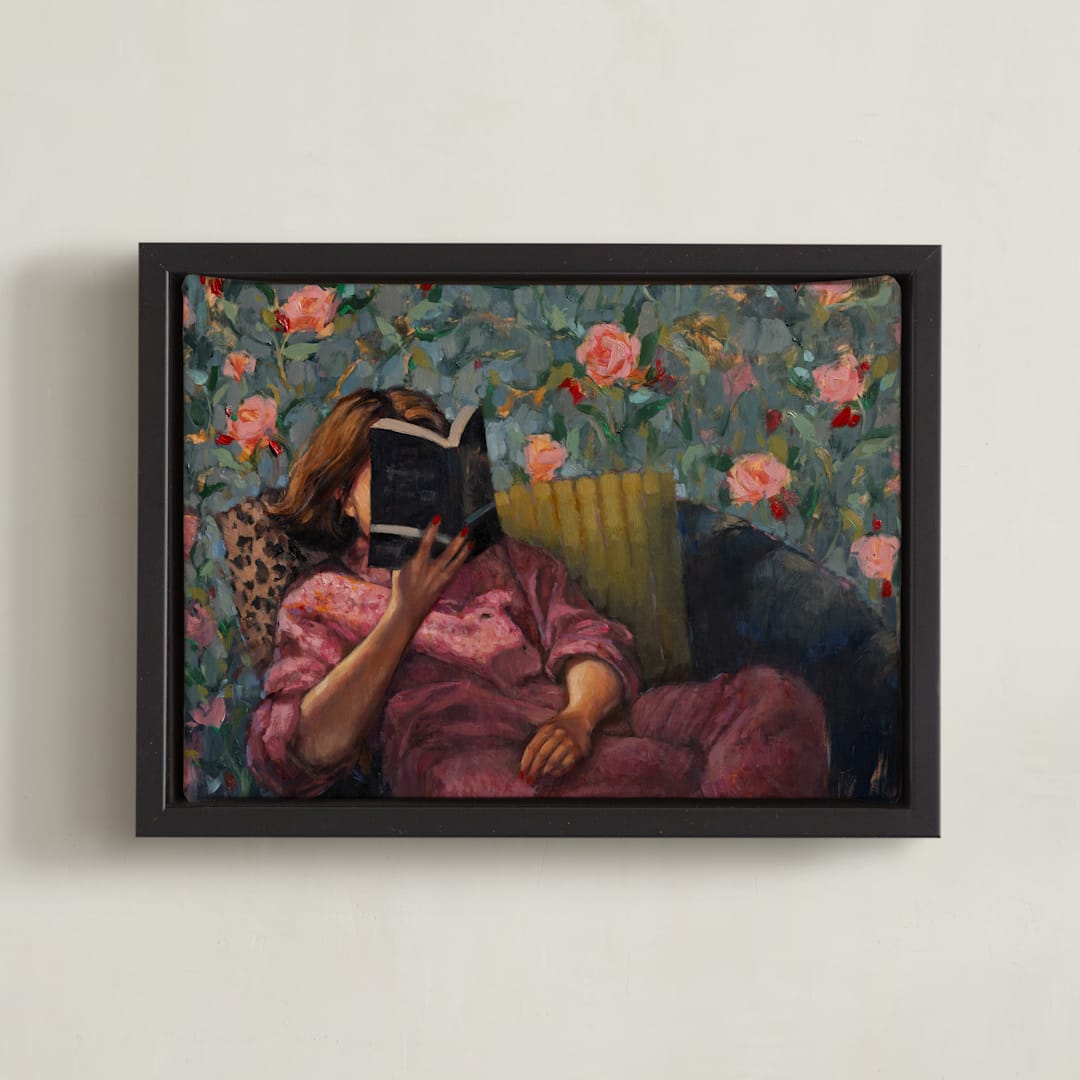 "A Good Book" - Art Print in Rose by Wendy Keller - Framed Canvas