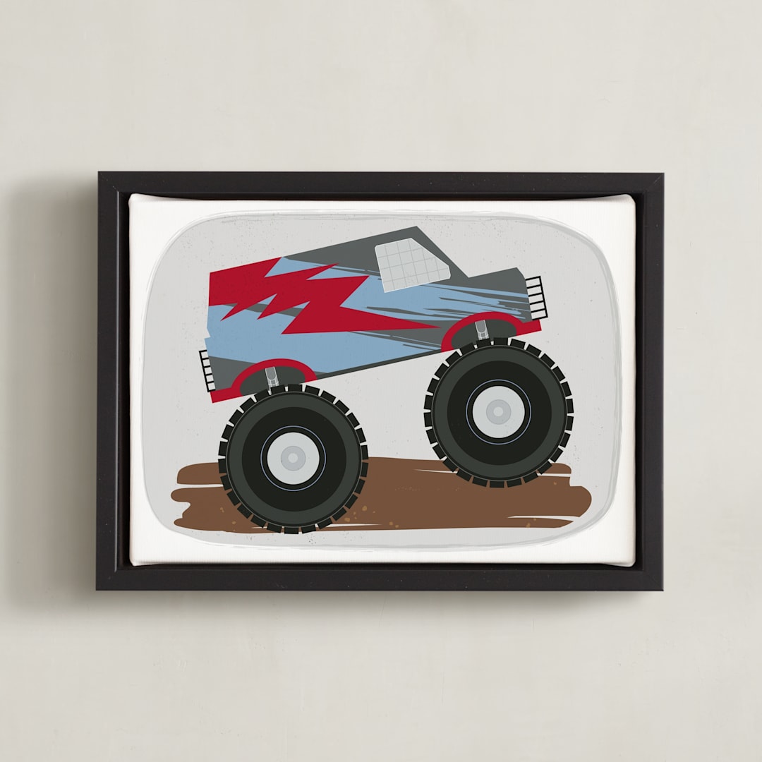 "Monster Truck Jump" - Art Print in Blue monster by Rebecca Marchese - Framed Canvas