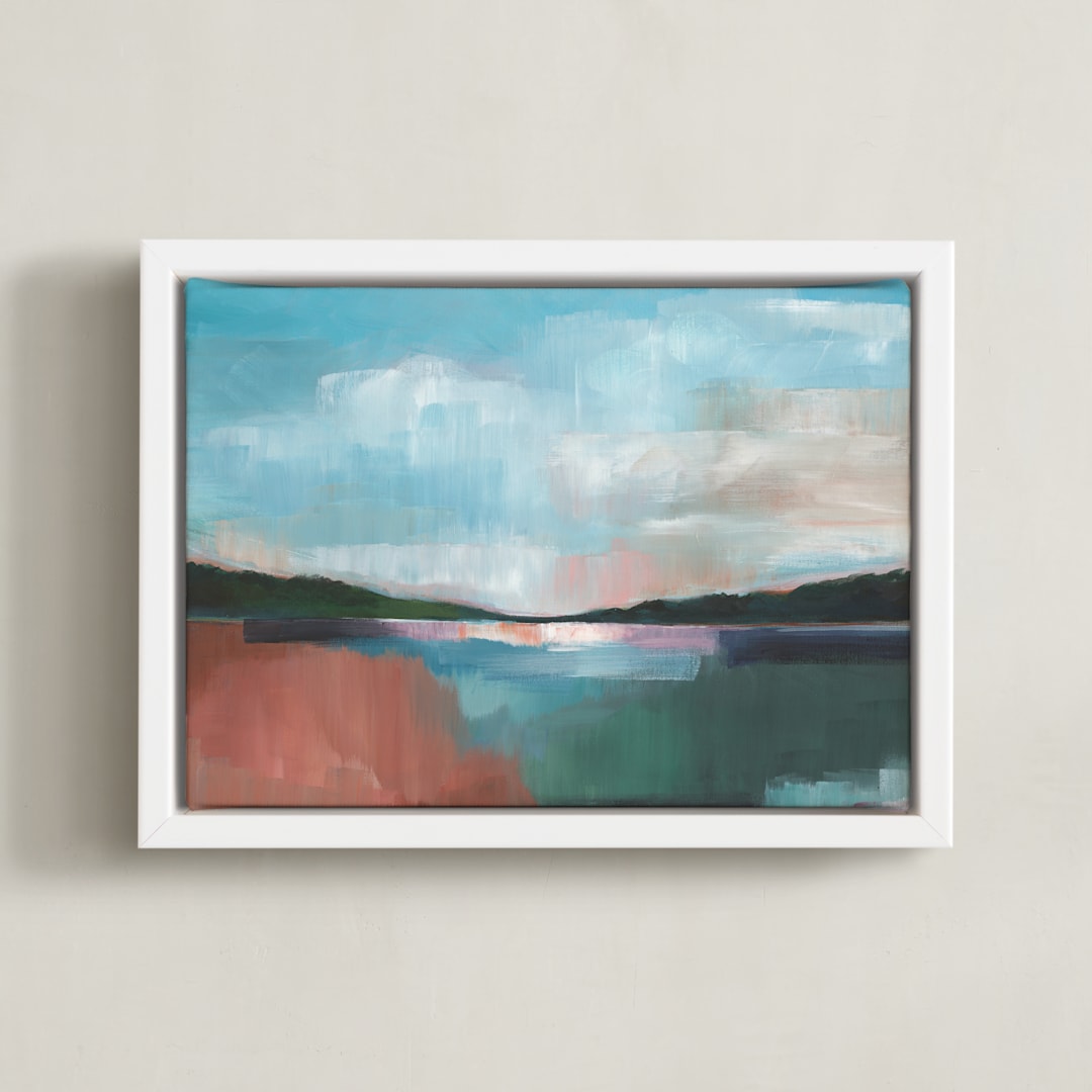 "Sunset Lake" - Art Print in Lake Green by AlisonJerry - Framed Canvas