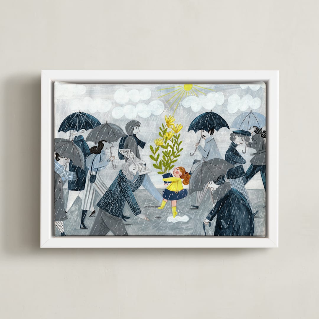 "There is sunshine after the rain" - Art Print in Raincoat by Caroline Bonne Muller - Framed Canvas