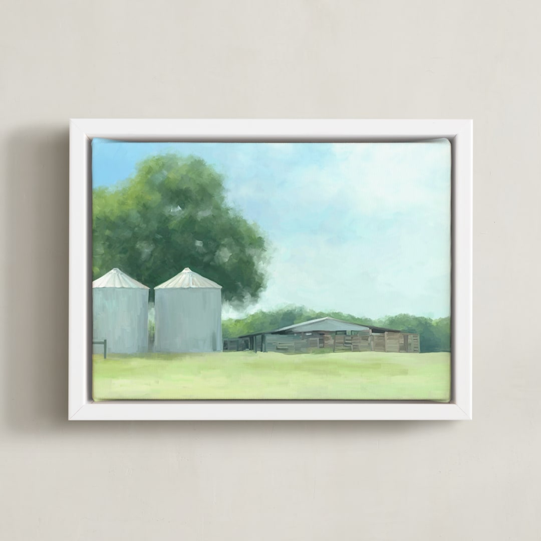 "Two Silos" - Art Print in Sky Blue by Amy Hall - Framed Canvas