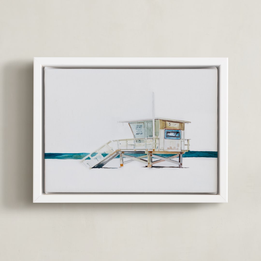 "Hermosa Beach Lifeguard Tower" - Art Print in Beige by Viktoria Eperjesi - Framed Canvas