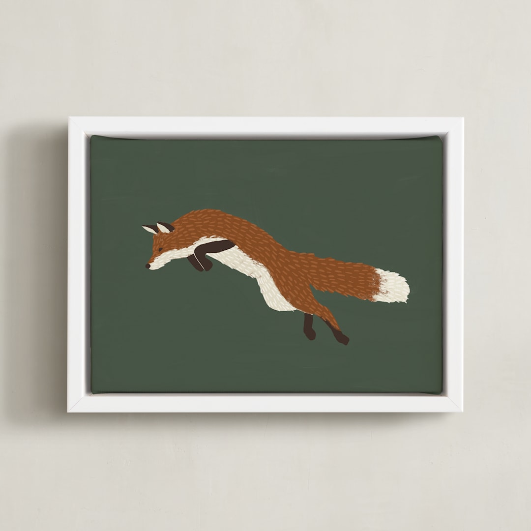"Leaping Fox" - Art Print in Forrest Green by Kelly Watkins - Framed Canvas