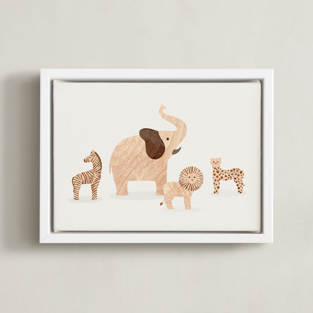 "Wooden Safari Animals" - Art Print in Moon by Dani Lugato - Framed Canvas