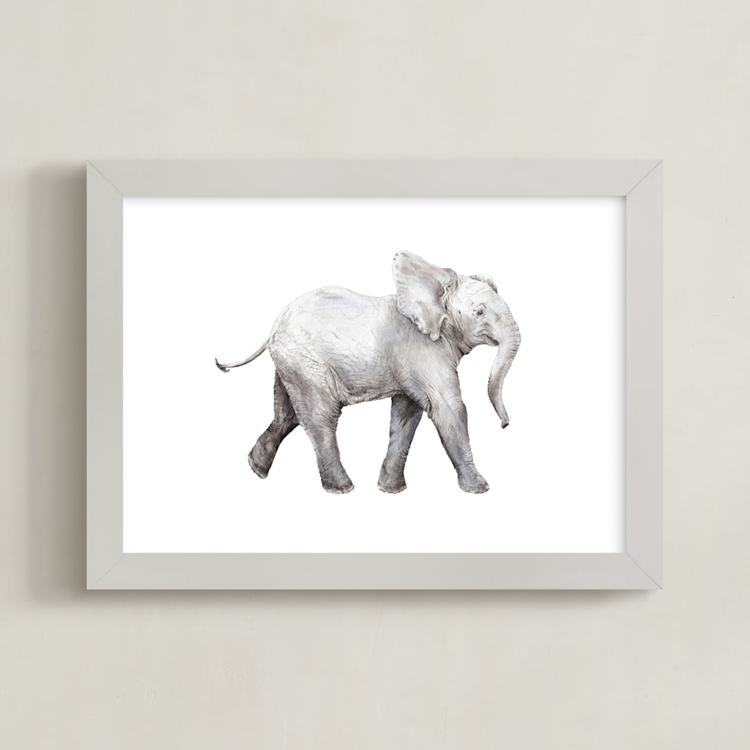 "Baby Watercolor Elephant" - Art Print in Elephant gray by Lauren Rogoff - Framed
