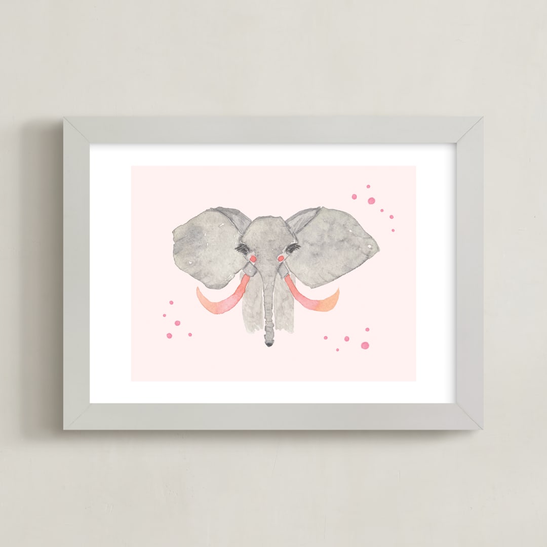 "Pink Tusk Elephant" - Art Print in Gray & Pink by Nikki Rene - Framed