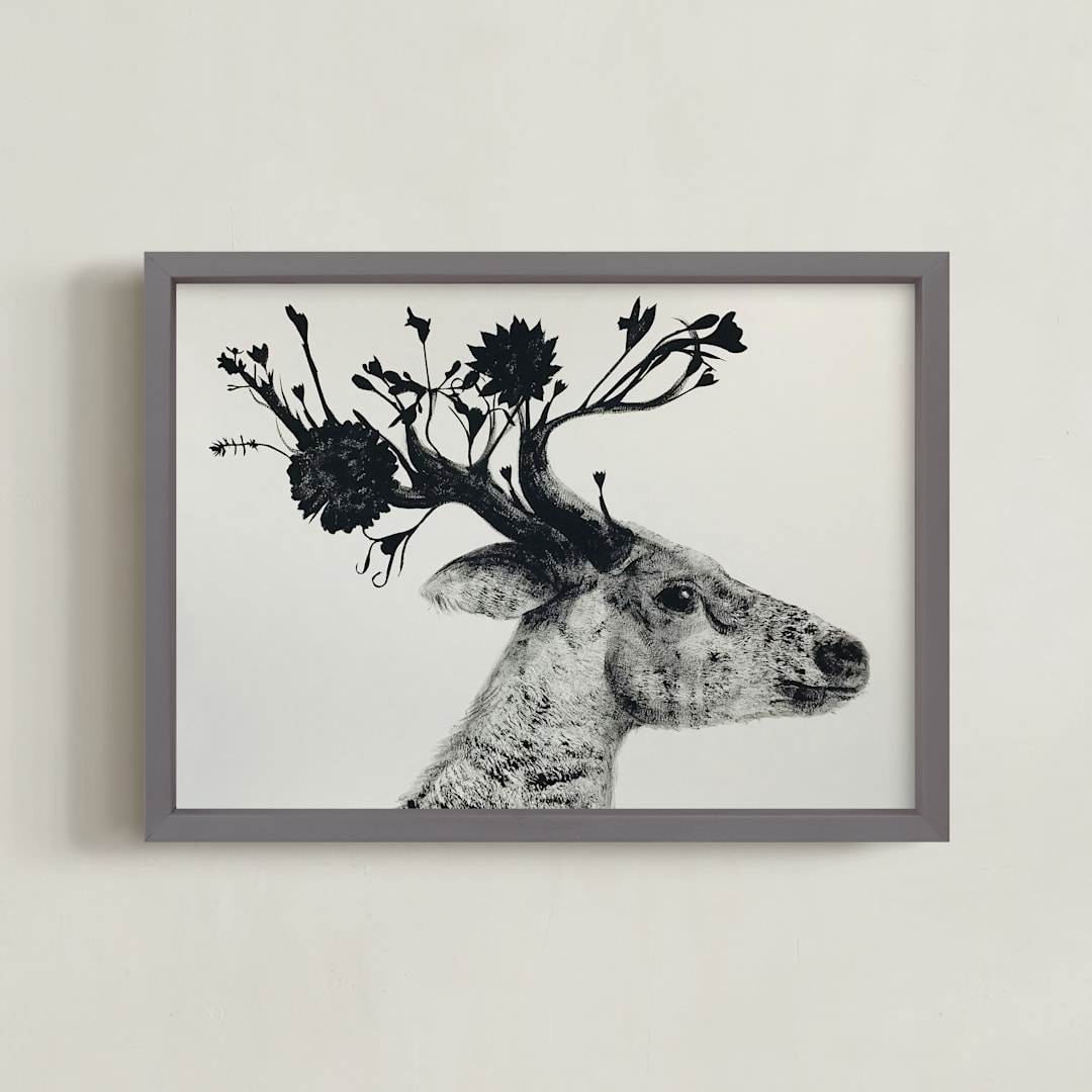 "Flower Stag" - Art Print in Ash by Holly Hudson - Framed