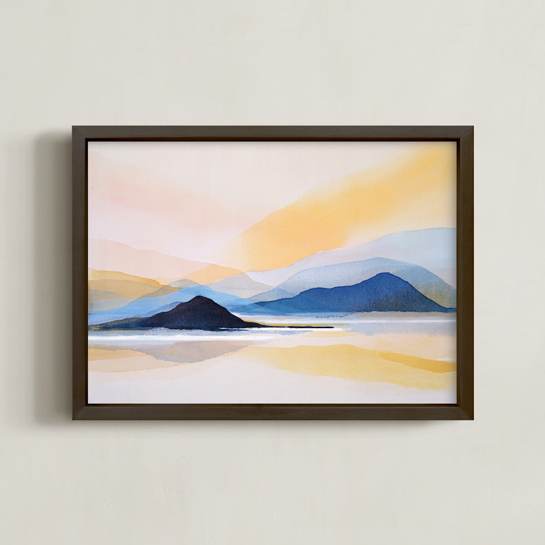 "Mountain in the calm light" - Art Print in Golden by Shina Choi - Framed