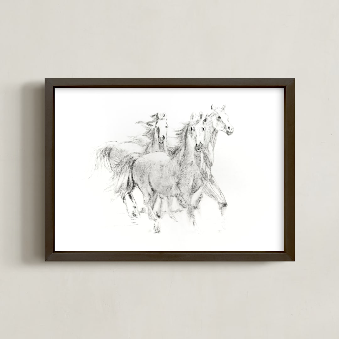 "Three Horses" - Art Print in original charcoal by Ramnik Velji - Framed