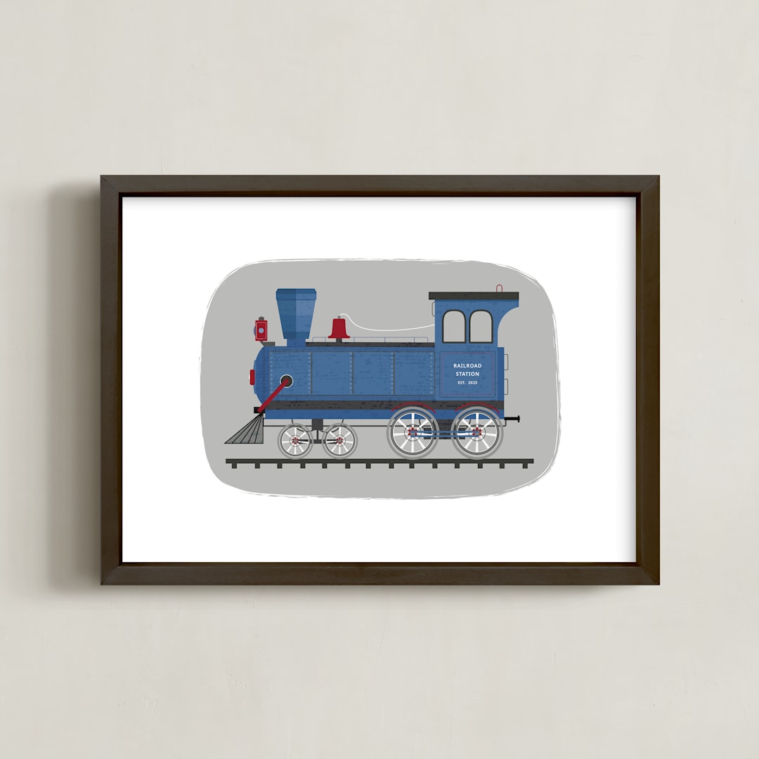 "Vintage Train Engine" - Art Print in blue valley by Rebecca Marchese - Framed