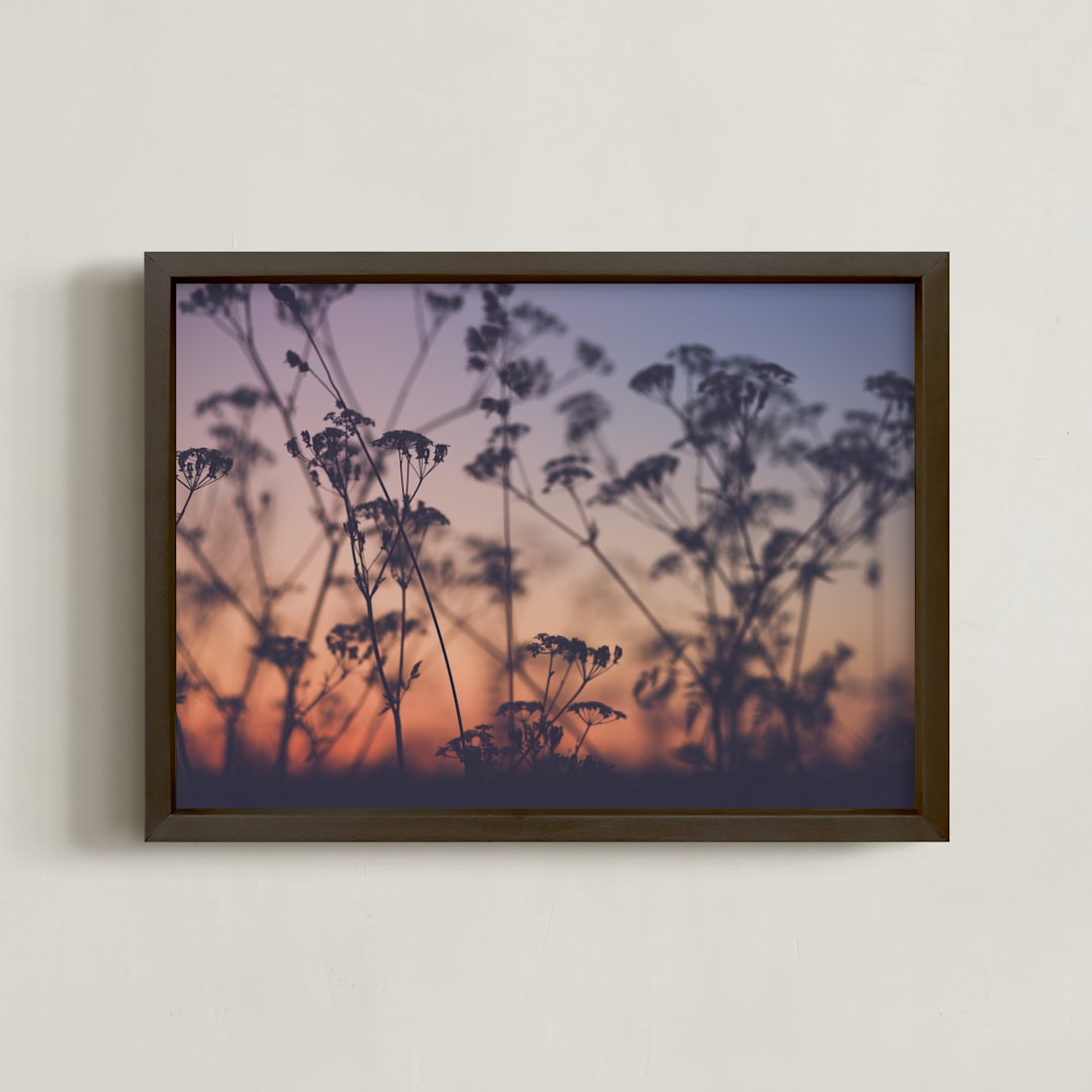 "Sunset among the grasses II" - Art Print in Red Fiery Violet by Lying on the grass - Framed
