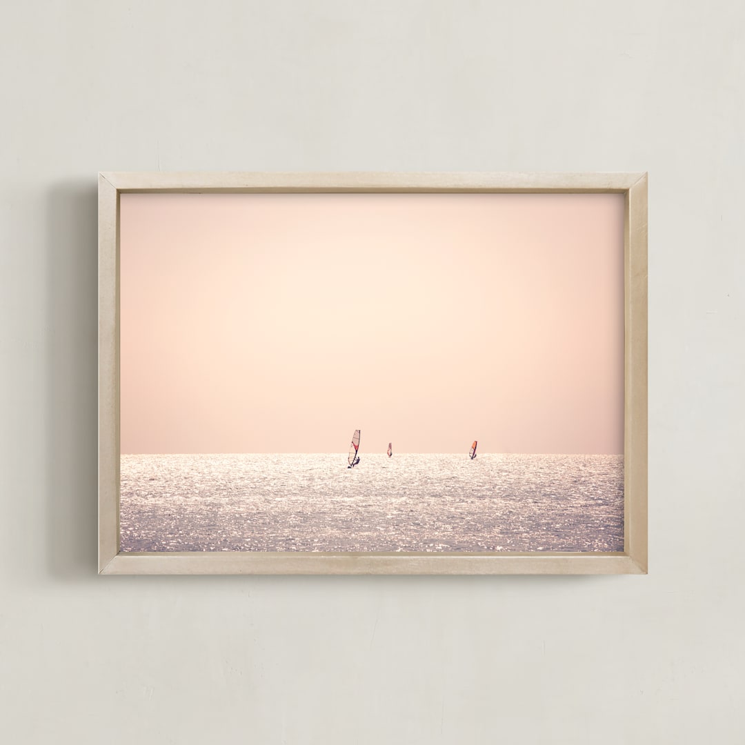 "Outer Banks Wind Surfers" - Art Print in blush pink by Ann Hudec - Framed
