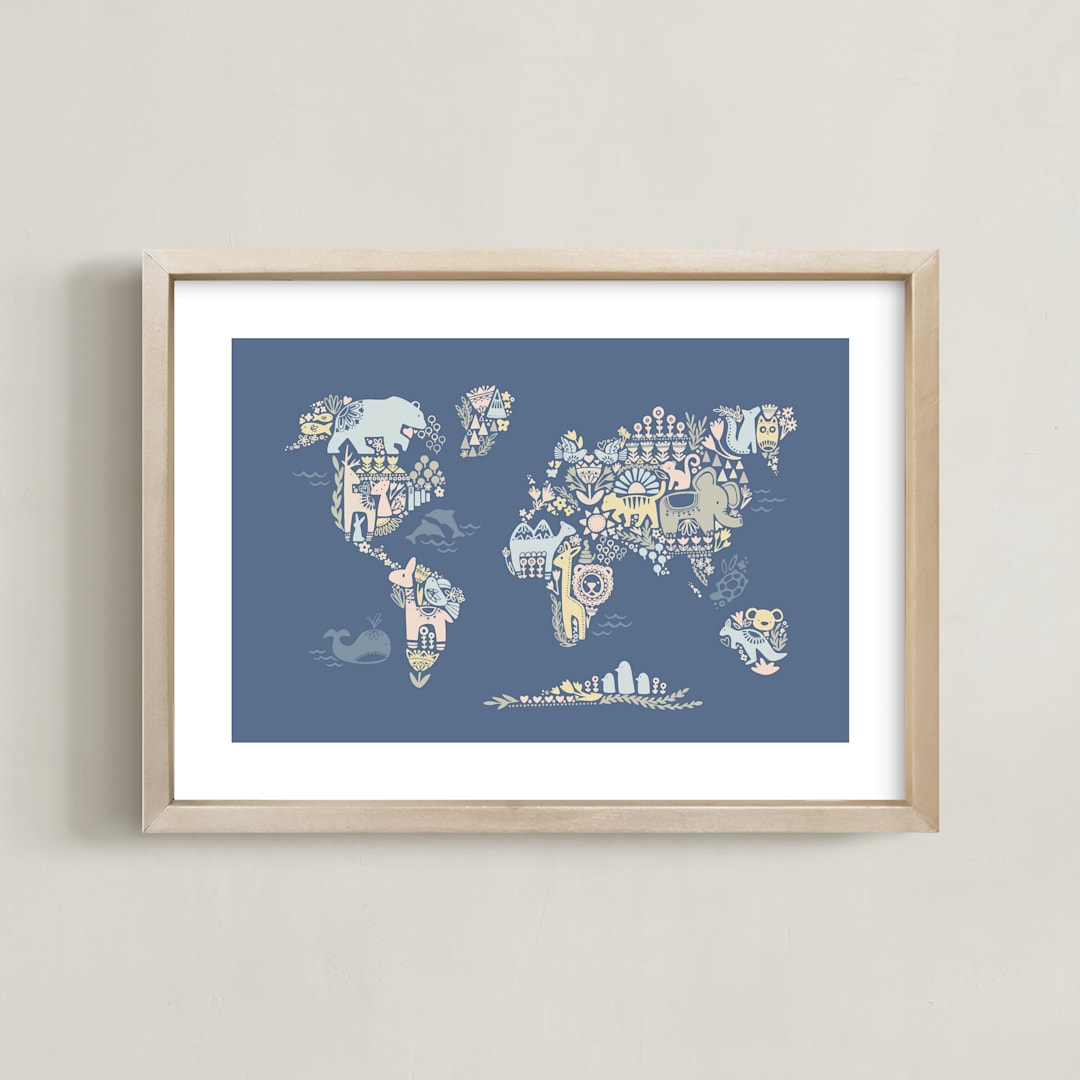 "Scandi World Map" - Art Print in Navy by Jessie Steury - Framed