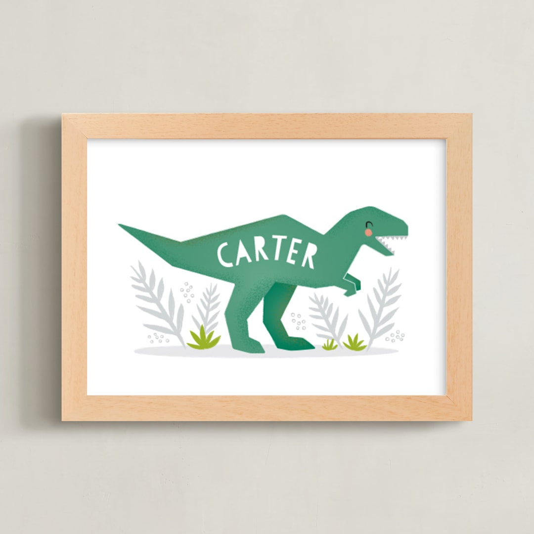 "Little T Rex" - Personalized Art Print in Green by Karidy Walker - Framed