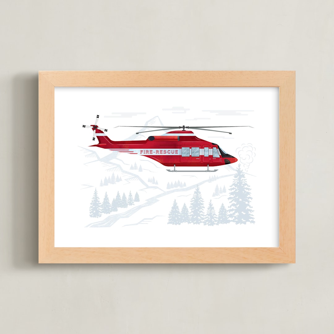 "Firefighter Helicopter" - Art Print in Flame by Paper Sun Studio - Framed