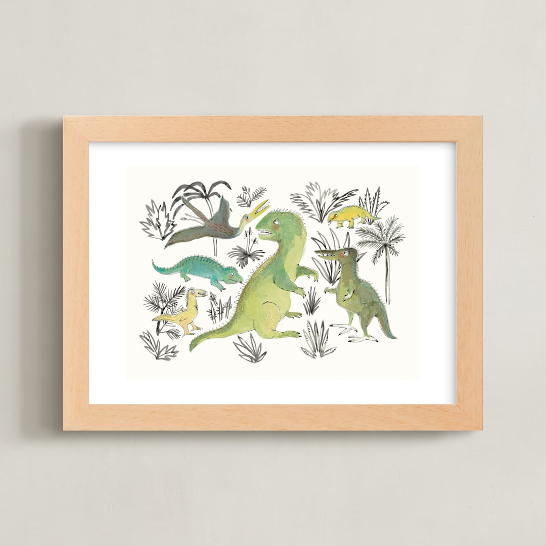 "Catisaurus" - Art Print in Dino Green by Catilustre - Framed