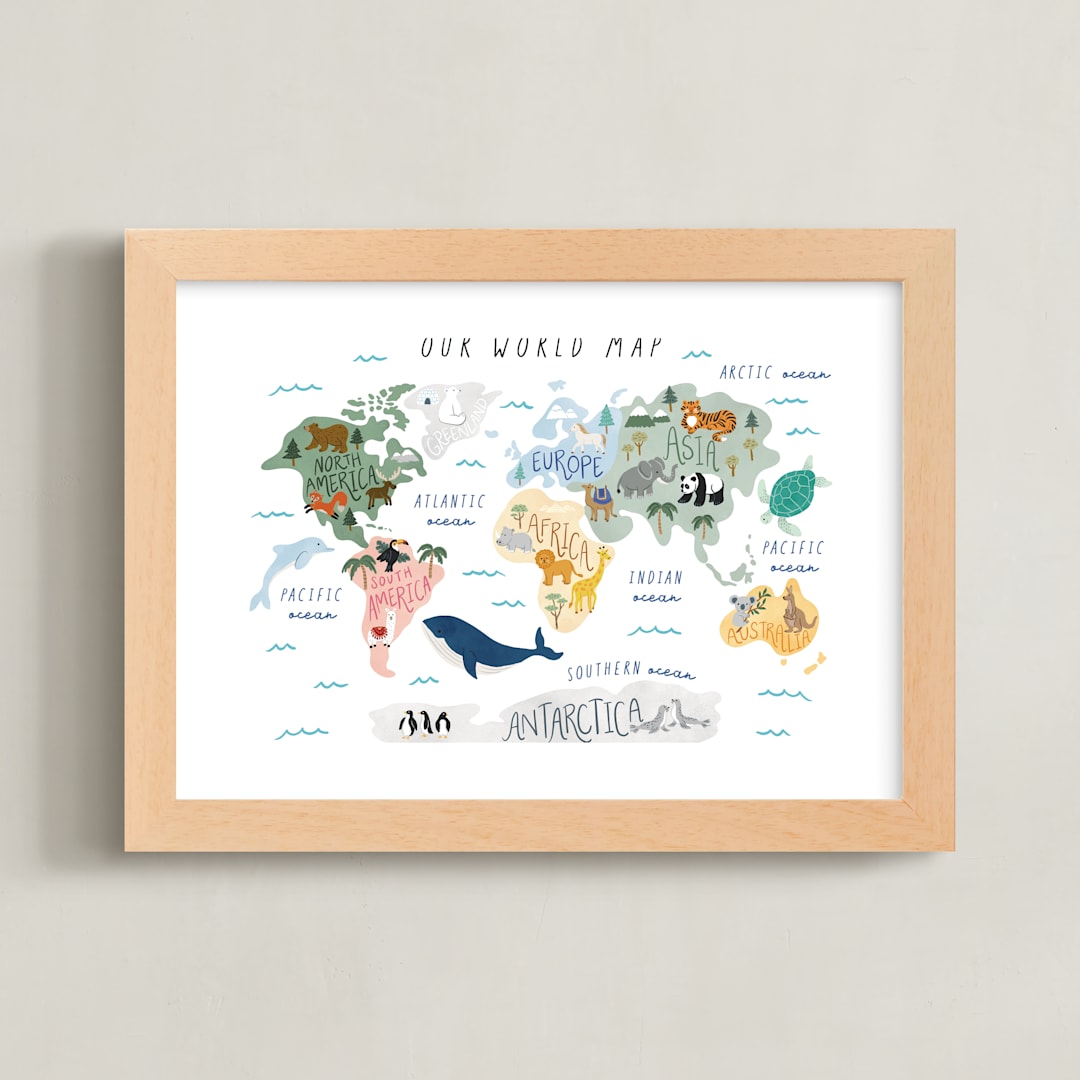 "Our World Map" - Art Print in Pastel Green by Elly - Framed