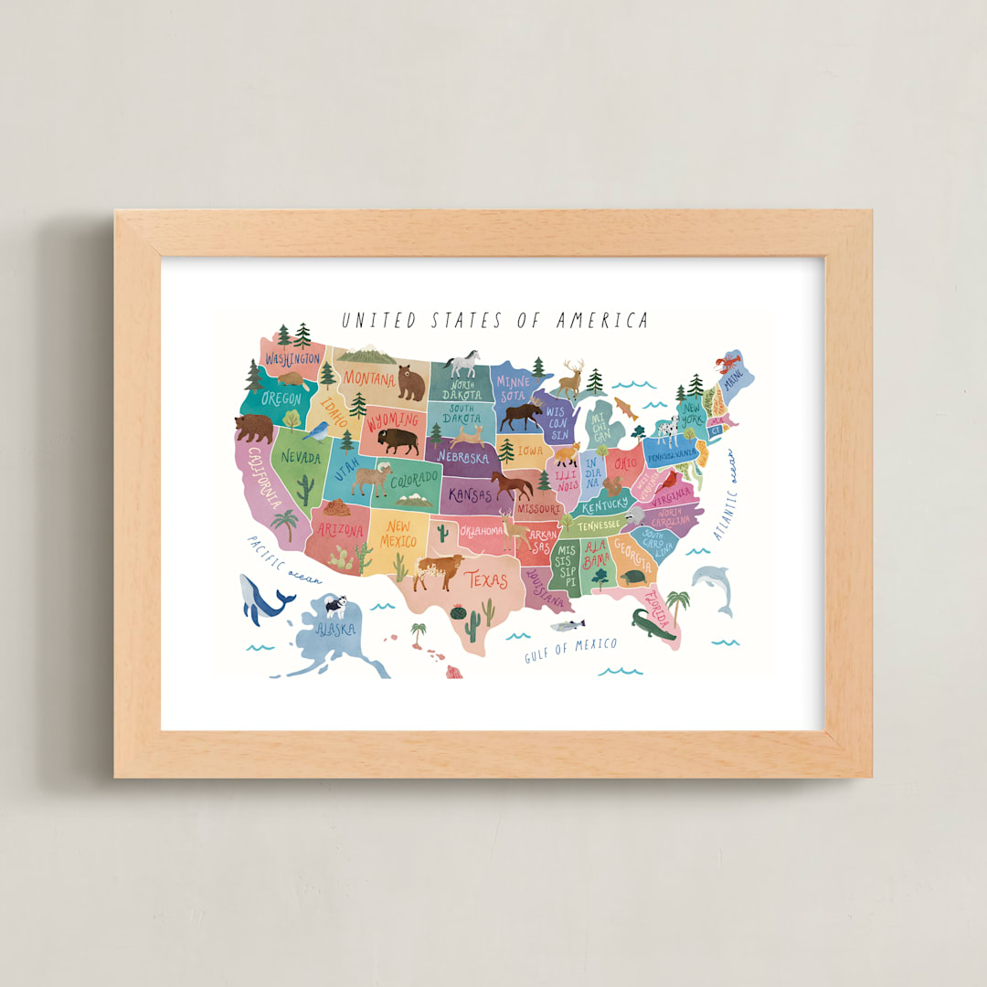 "Animals Map of USA" - Art Print in Ocean by Elly - Framed