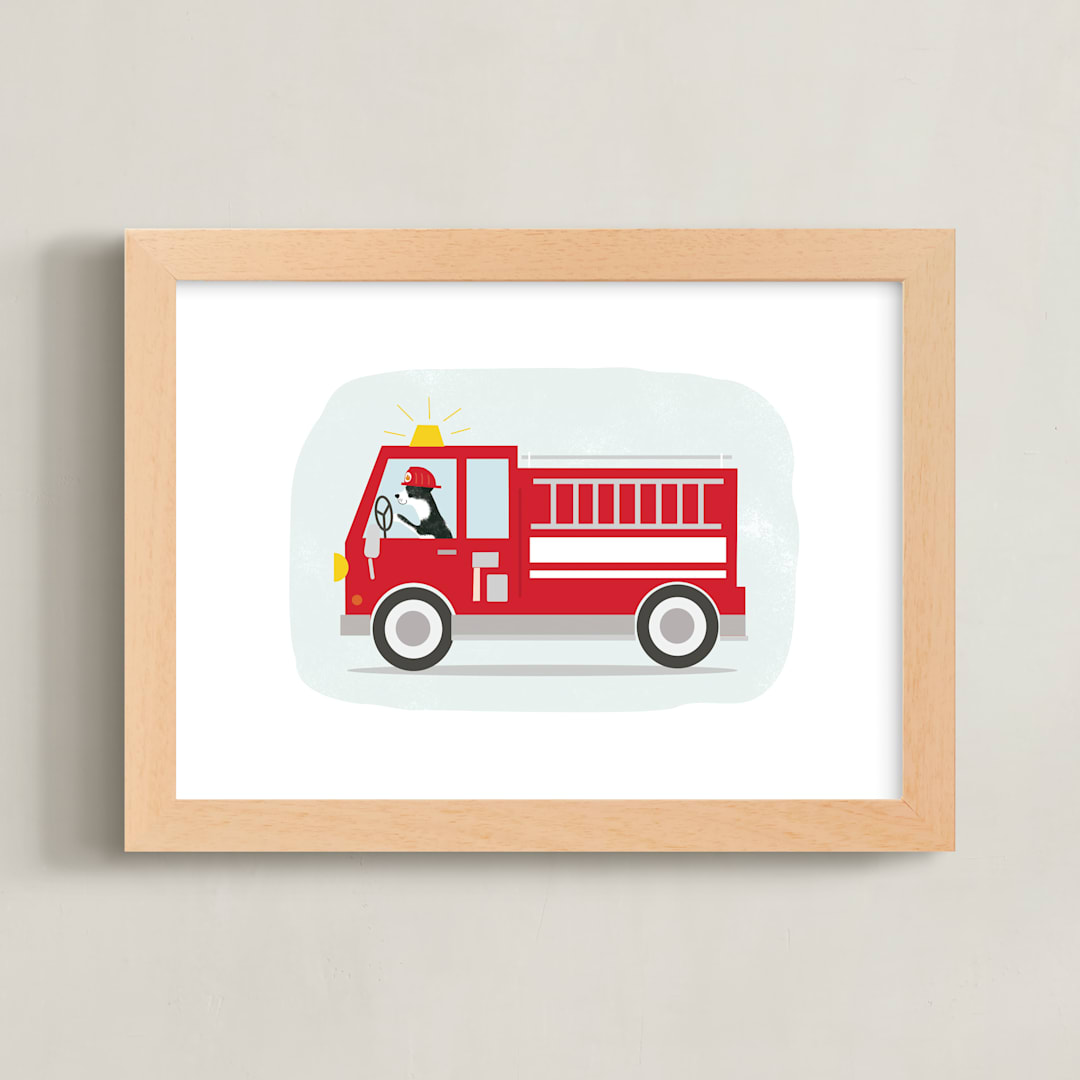 "Fire Rescue" - Art Print in Baby Blue by Itsy Belle Studio - Framed