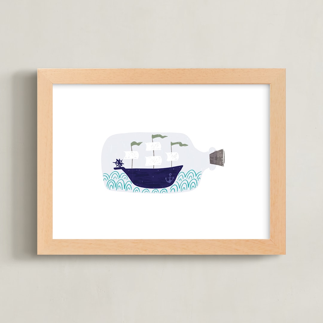 "Little Sail Boat Bottle" - Art Print in Oceanic by Jackie Crawford - Framed