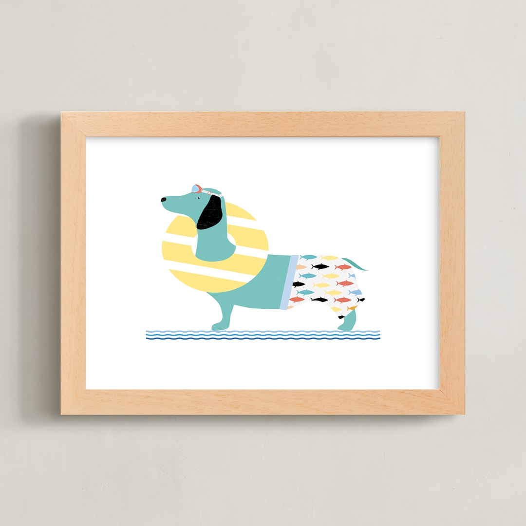 "Beach Day Dog" - Art Print in hound dog blues by Rebecca Marchese - Framed