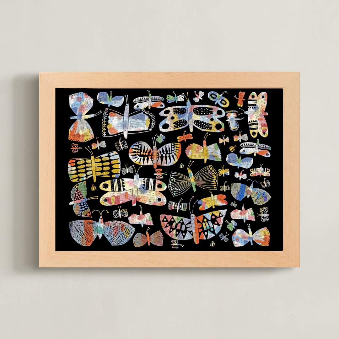 "Crayon Etched Butterflies" - Art Print in black by Lee-Anne Schmidt - Framed