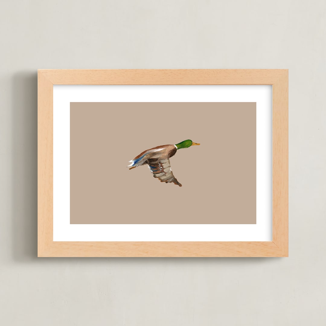 "Mallards in Flight 1" - Art Print in Neutral by Anee Shah - Framed