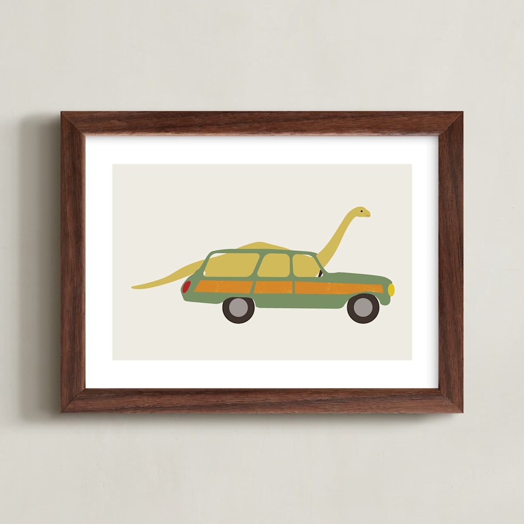 "Driving Apatosaurus" - Art Print in Citron by Morgan Kendall - Framed
