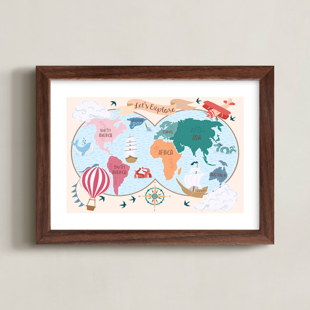 "Exploration Map" - Art Print in Apricot by DorothyDear Creations - Framed