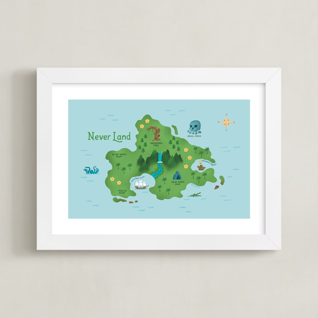 "Never Land Map" - Art Print in Ocean by Renee Christensen - Framed