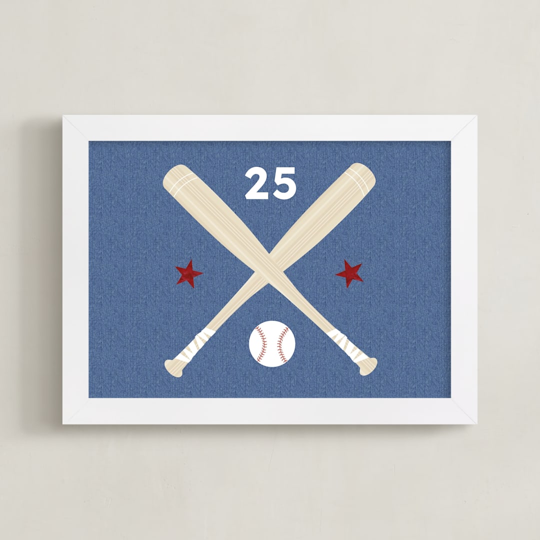 "Little Slugger Series 3" - Personalized Art Print in Denim by Pinky Diamond Studio - Framed