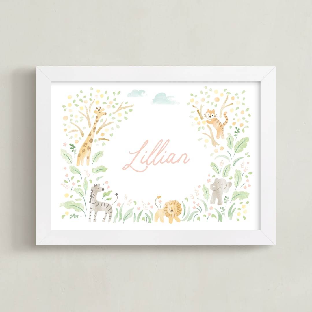 "Petite Jungle Frame" - Personalized Art Print in Soft Pink by Jennifer Wick - Framed