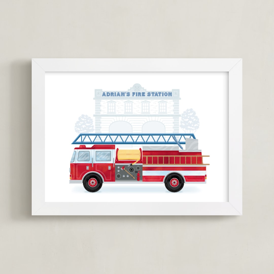 "Fire Engine to the Rescue" - Personalized Art Print in Flame by Paper Sun Studio - Framed