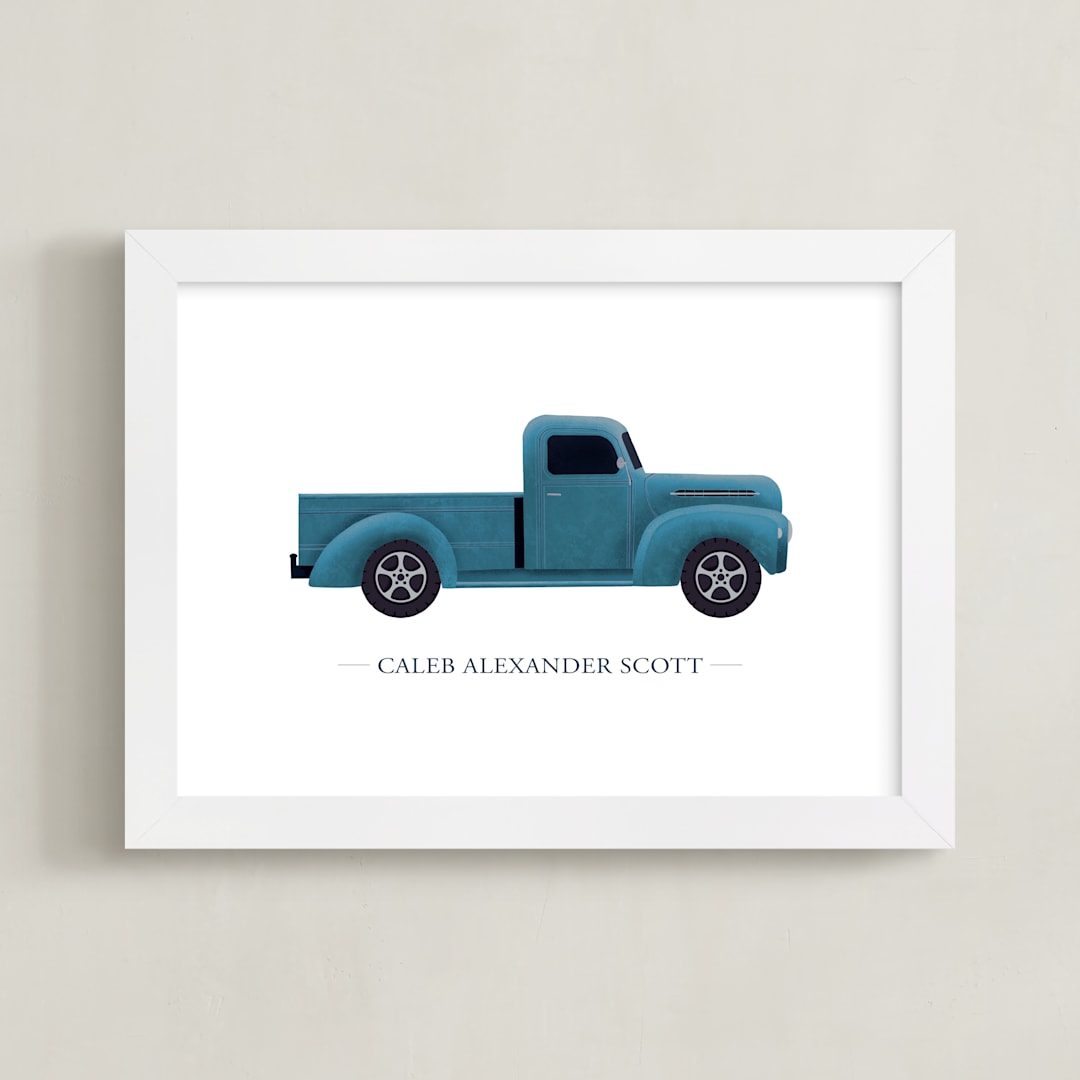 "Old American Truck" - Personalized Art Print in Blue by Rebecca Humphreys - Framed